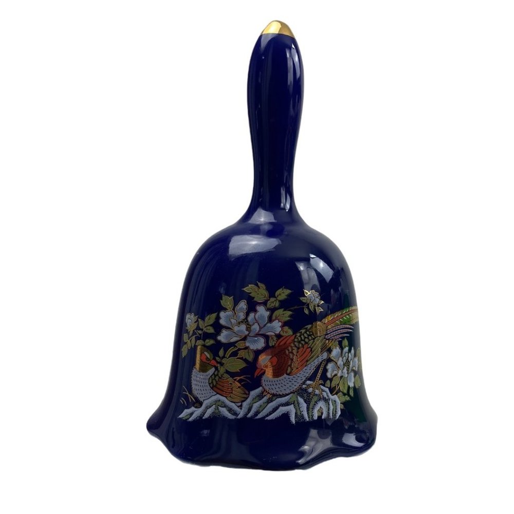Vintage Bohemian Cobalt Blue and Gold Porcelain Bell with Pheasants and Flowers